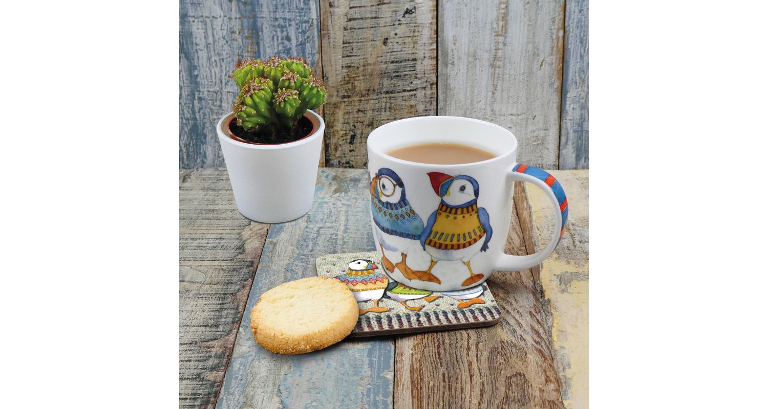 Emma Ball Set 4 Sottobicchieri In Legno Con Puffins - Artista Britannica - 10x10 Cm - Termici 120°C - 2