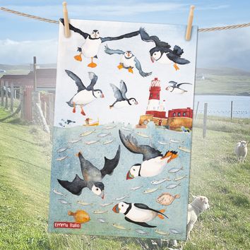 Emma Ball Diving Puffins Tea Towel