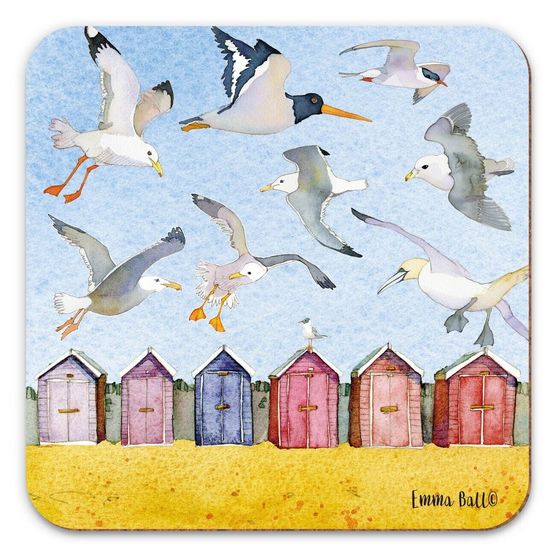 Emma Ball Beach Huts and Seabirds Single Coaster