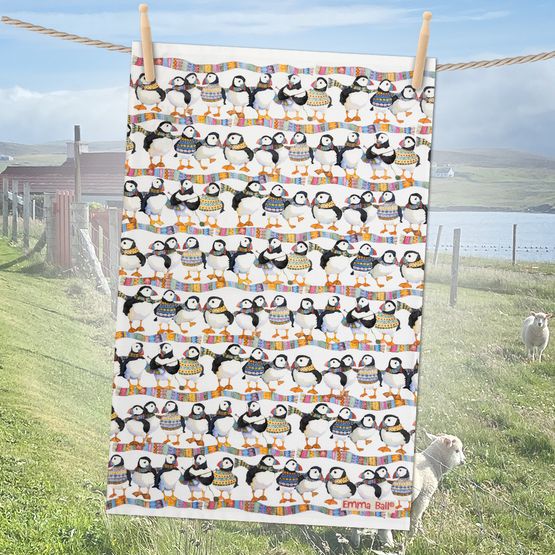 Emma Ball Puffins in Scarves Tea Towel