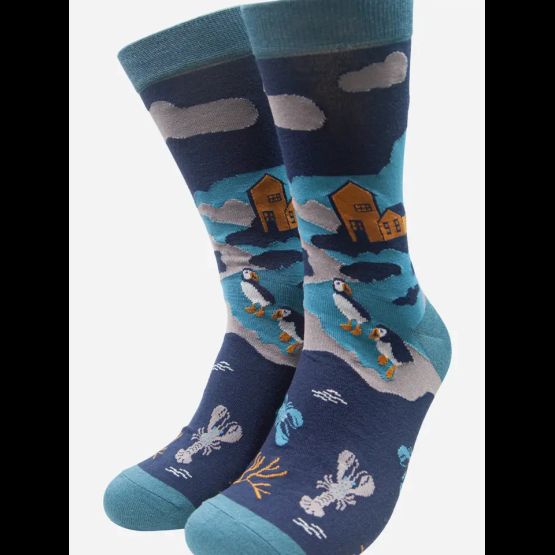 Teal Men's Coastal Scene Print Bamboo Socks