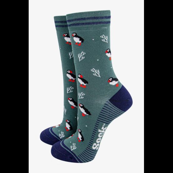 Women's Bamboo Socks - Sage/Navy, Puffins and Coral