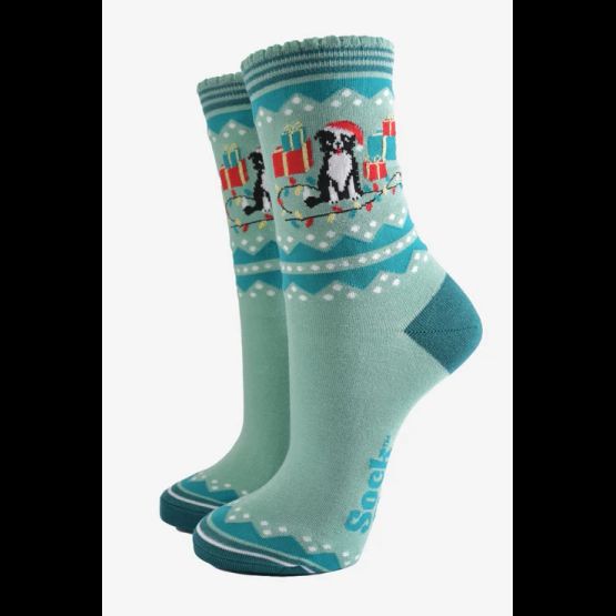 Women's Bamboo Socks - Mint Green, Christmas Border Collie