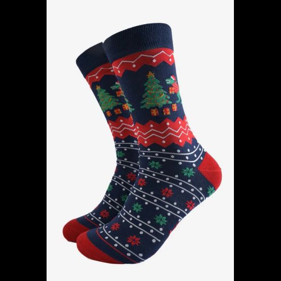 Men's Bamboo Socks - Navy Blue/Red, T-Rex Christmas Tree