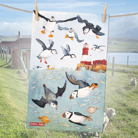 Emma Ball Diving Puffins Tea Towel