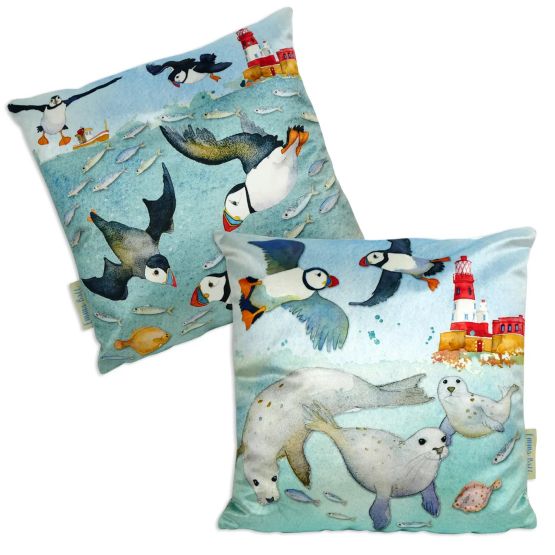 Emma Ball Diving Puffins/Seals Velvet Cushion